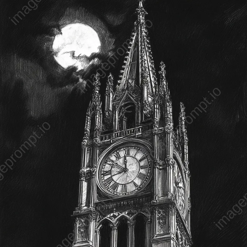 Intricately detailed pencil sketch of a Gothic clock tower under moonlit midnight - Image 4