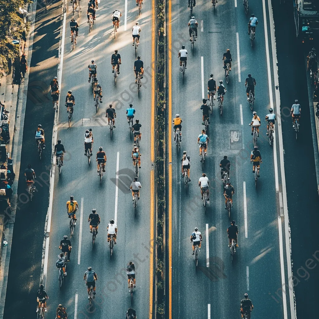 Overhead shot of a busy bike lane with diverse cyclists - Image 1