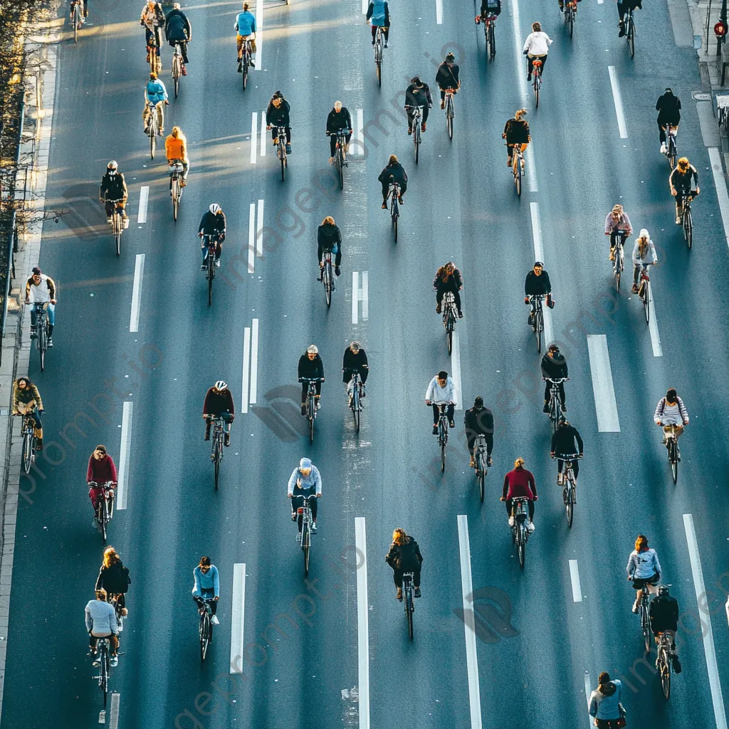 Overhead shot of a busy bike lane with diverse cyclists - Image 2