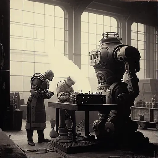 Illustration of a futuristic factory with robots and humans working together on advanced technologies - Image 1