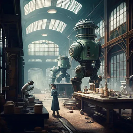 Illustration of a futuristic factory with robots and humans working together on advanced technologies - Image 2