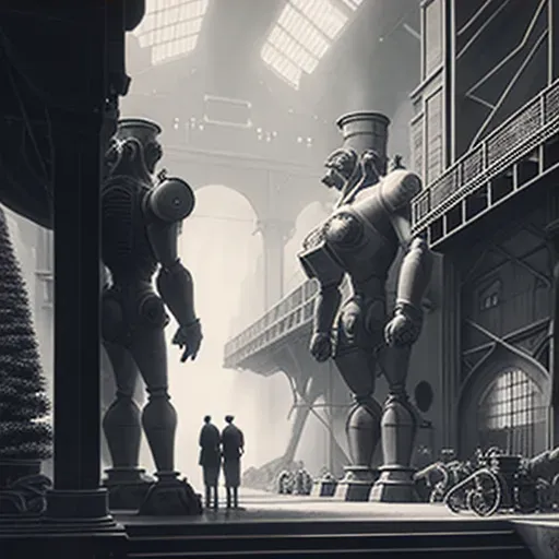 Illustration of a futuristic factory with robots and humans working together on advanced technologies - Image 3