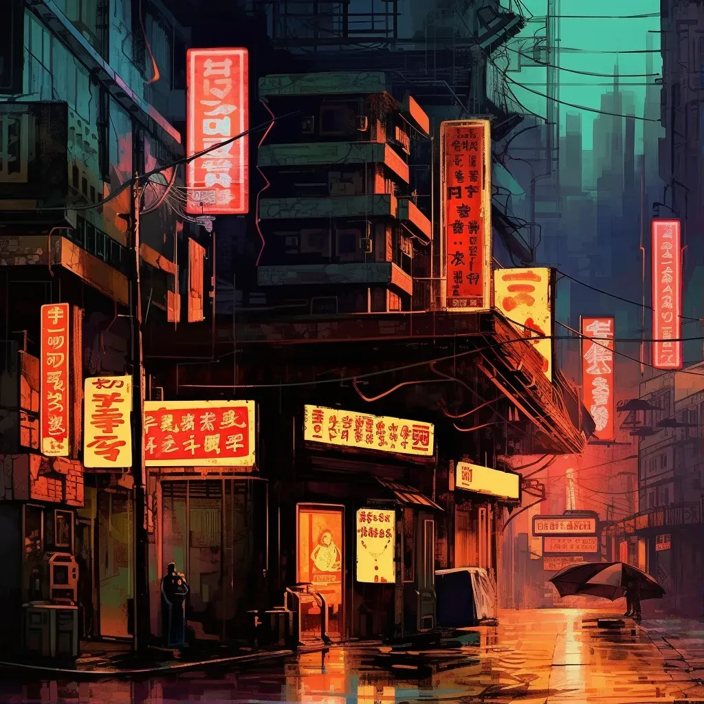 Dystopian cityscape with neon signs inspired by cyberpunk aesthetics - Image 1