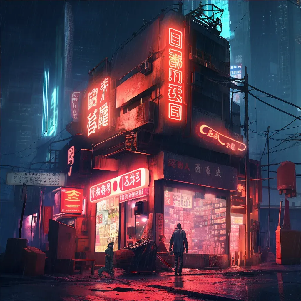 Dystopian cityscape with neon signs inspired by cyberpunk aesthetics - Image 4