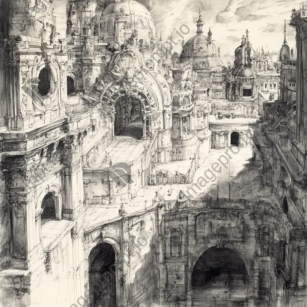 Monochrome sketches of an intricate grand citadel showcasing Gothic and Baroque influences - Image 2