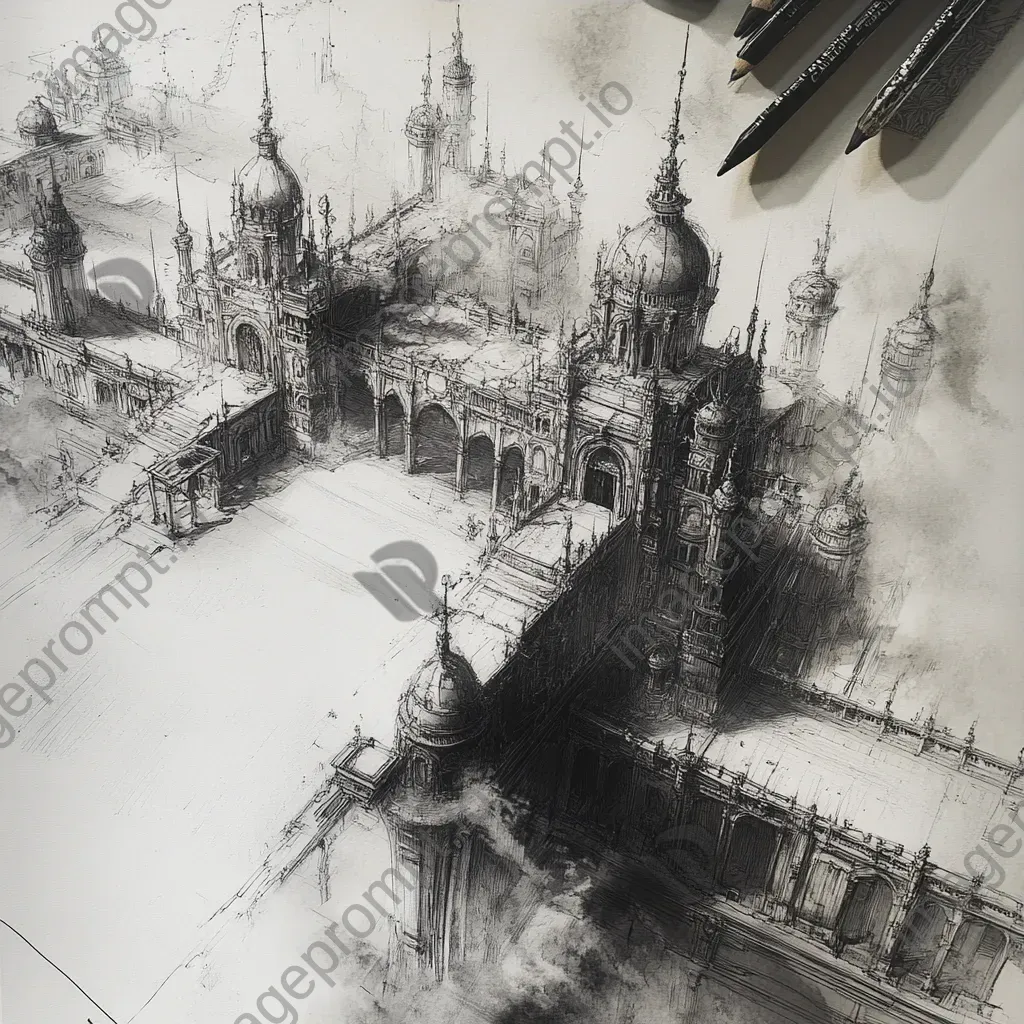 Monochrome sketches of an intricate grand citadel showcasing Gothic and Baroque influences - Image 3