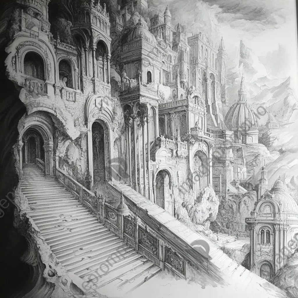 Monochrome sketches of an intricate grand citadel showcasing Gothic and Baroque influences - Image 4