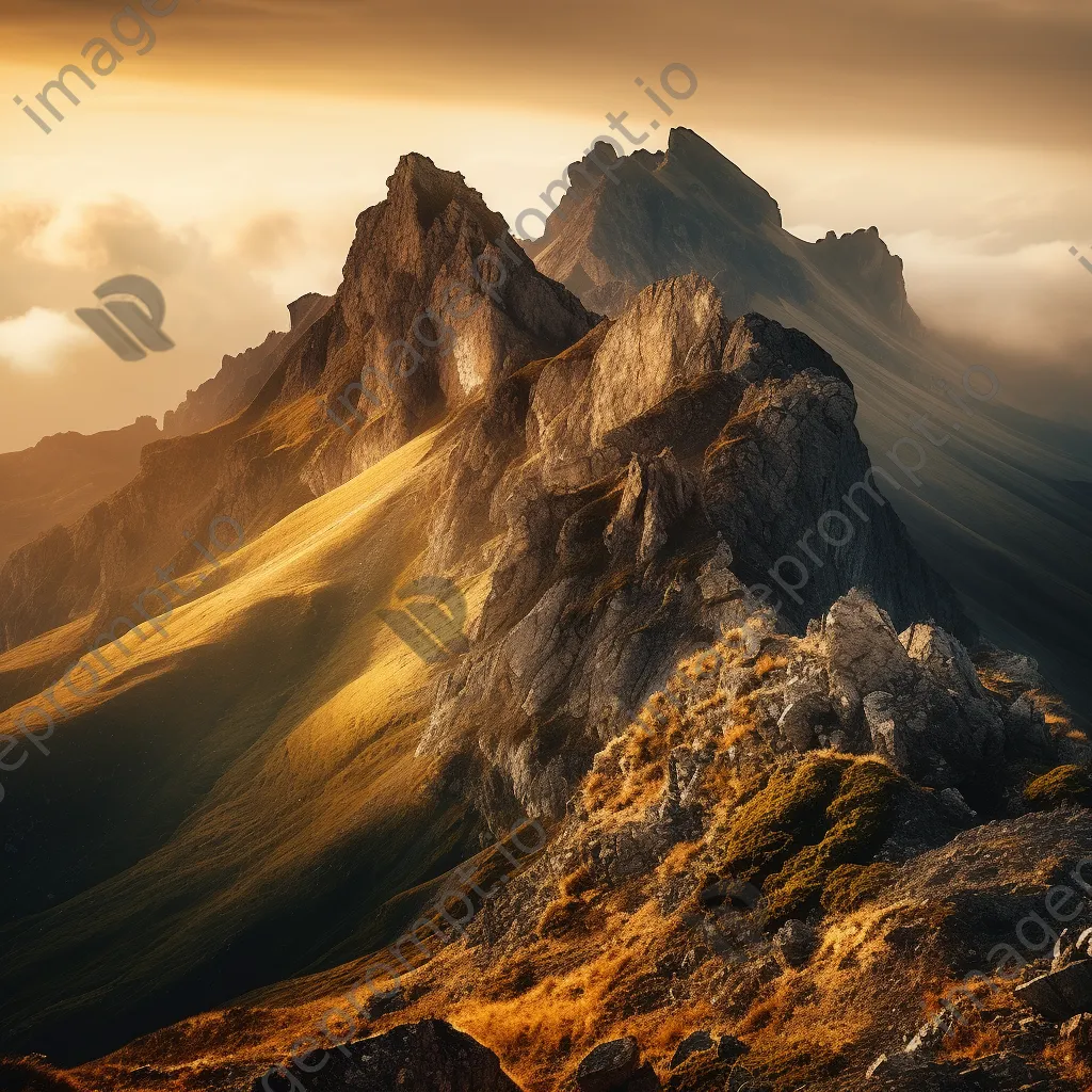 Sunrise over jagged mountain ridges with golden light - Image 3