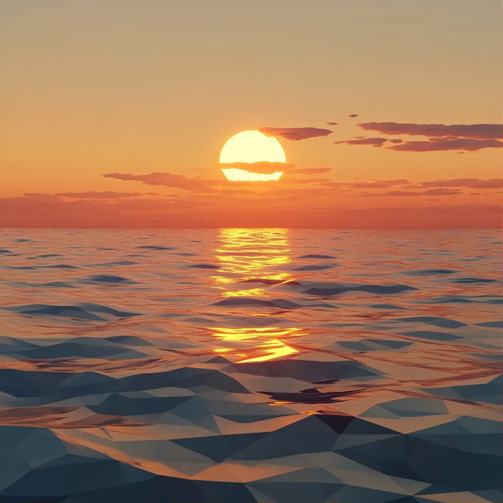 Low poly depiction of a radiant summer sunset shimmering over a tranquil ocean - Image 1