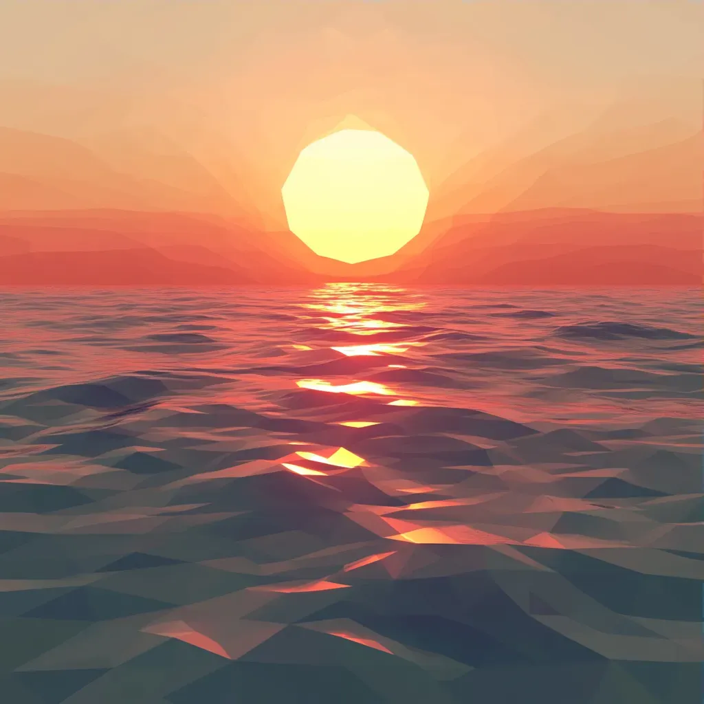 Low poly depiction of a radiant summer sunset shimmering over a tranquil ocean - Image 3