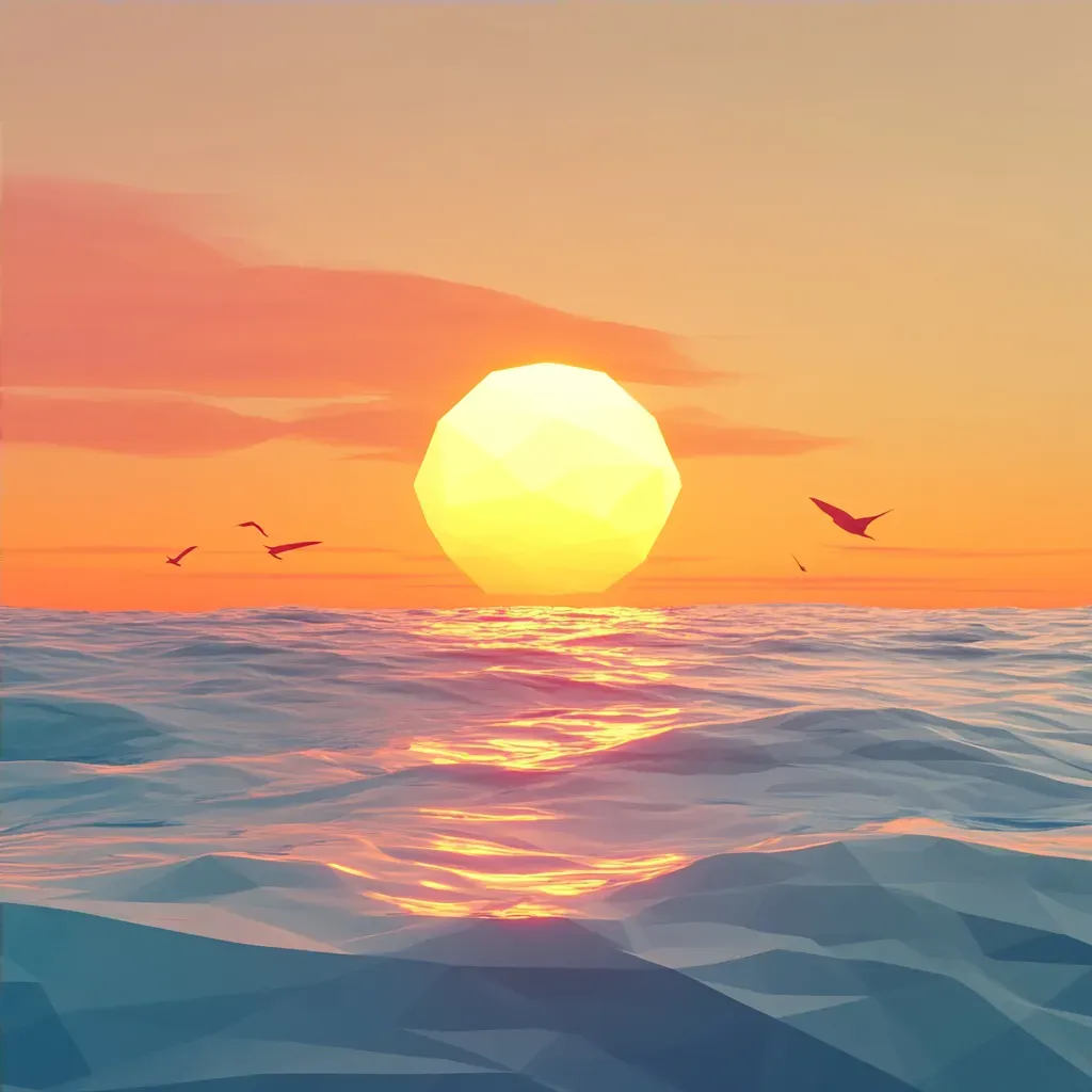 Low poly depiction of a radiant summer sunset shimmering over a tranquil ocean - Image 4