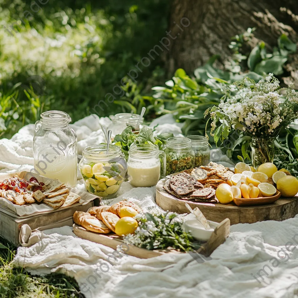 Vibrant outdoor picnic with organic snacks and lemonade in jars set on a blanket amidst greenery. - Image 1