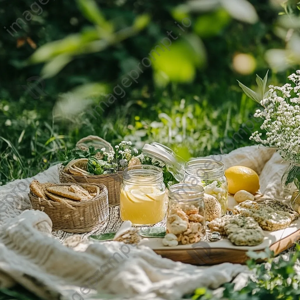 Vibrant outdoor picnic with organic snacks and lemonade in jars set on a blanket amidst greenery. - Image 3