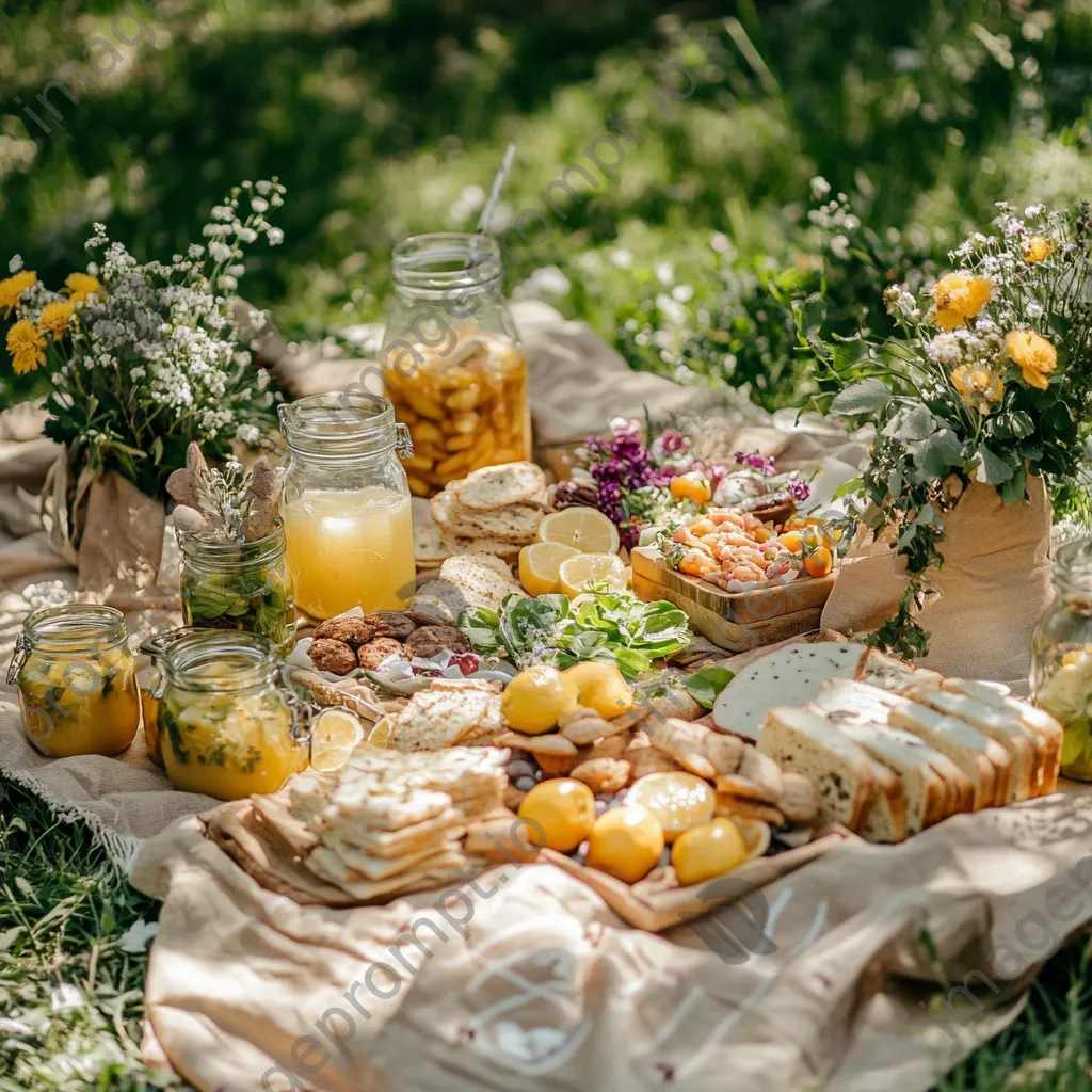 Vibrant outdoor picnic with organic snacks and lemonade in jars set on a blanket amidst greenery. - Image 4