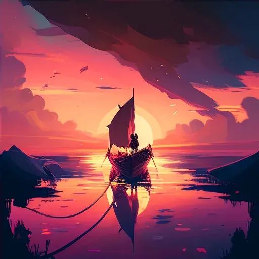 Man Sailing towards Glowing Dawn Horizon