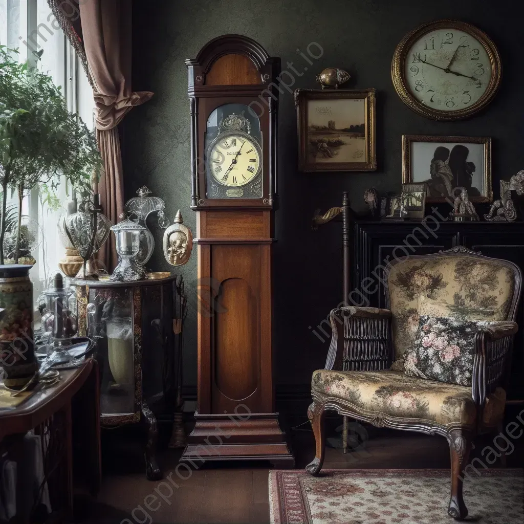 Antique grandfather clock, vintage oil lamp, and floral armchair in an elegant room - Image 1