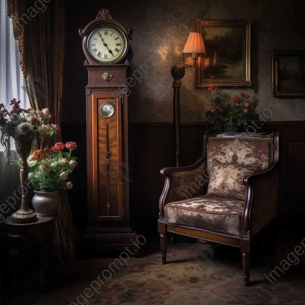 Antique grandfather clock, vintage oil lamp, and floral armchair in an elegant room - Image 2
