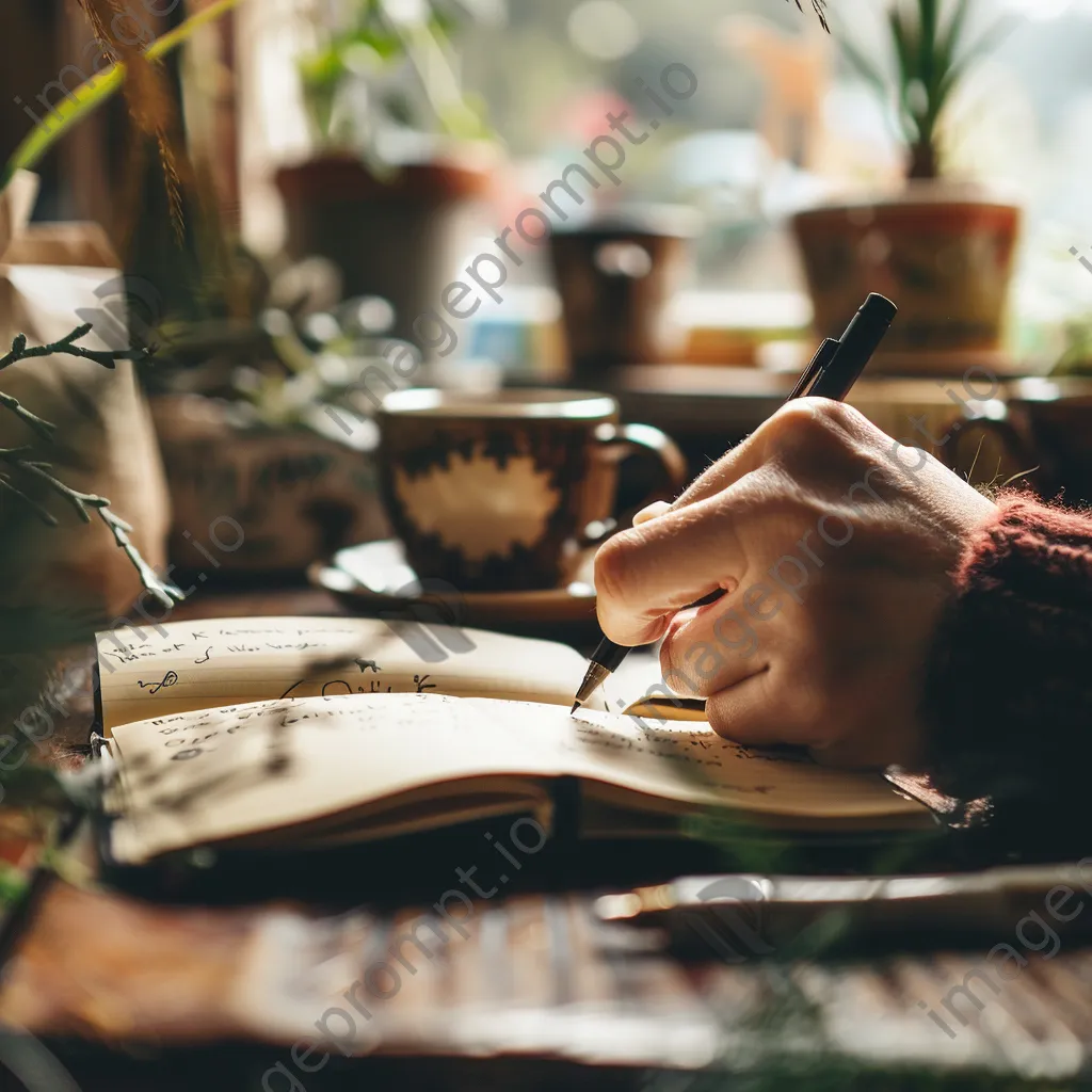 Hands writing in a notebook with coffee and stationery. - Image 1