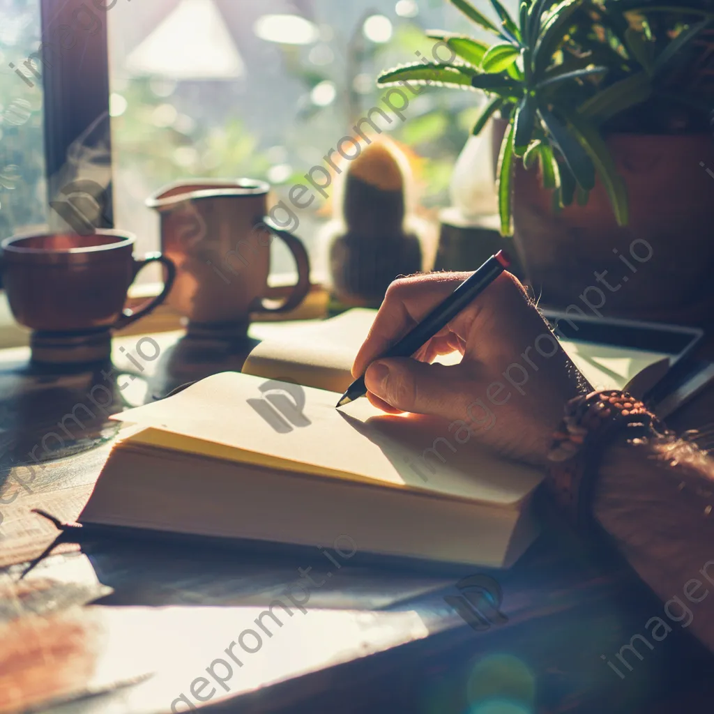 Hands writing in a notebook with coffee and stationery. - Image 2