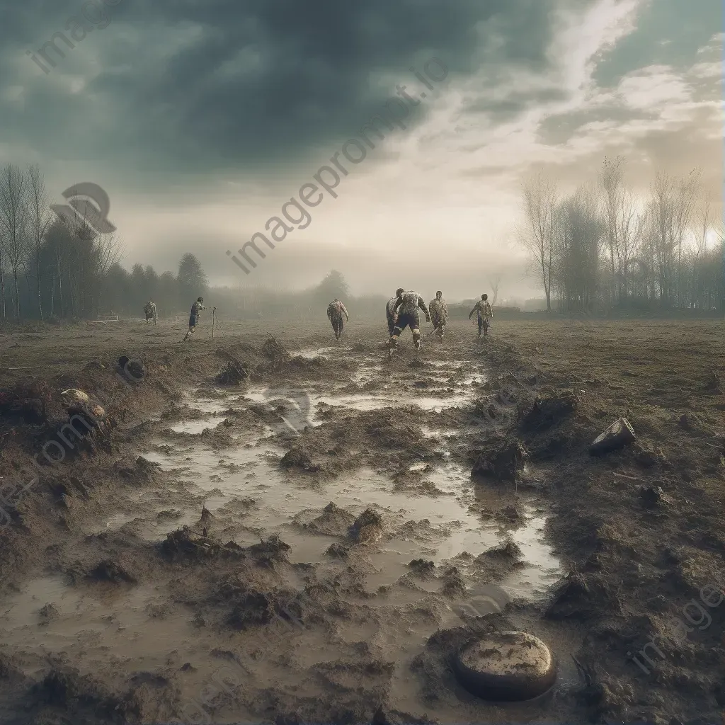 Rugby field with players in heated competition on a muddy field - Image 1