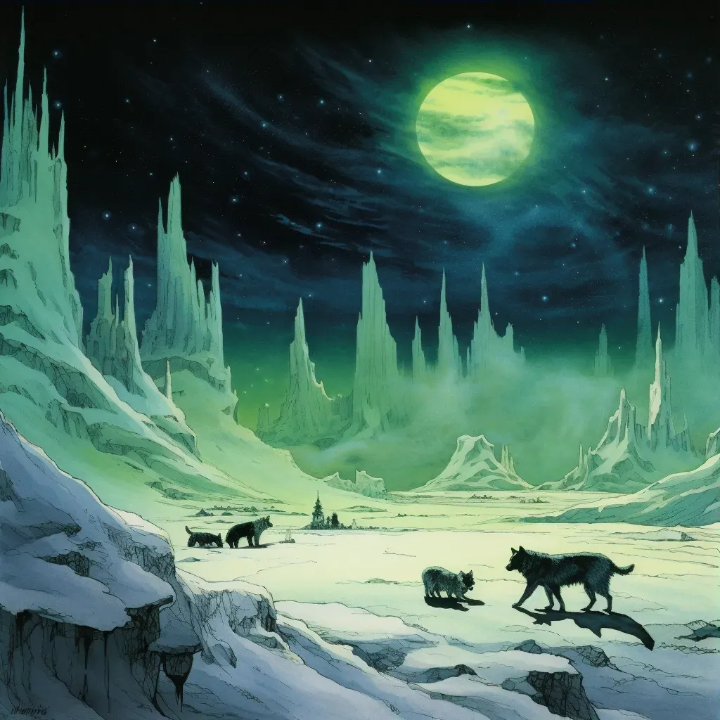 Northern Lights over a vast tundra with a pack of wolves in the distance - Image 3