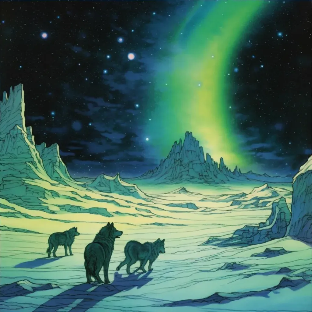 Northern Lights over a vast tundra with a pack of wolves in the distance - Image 4