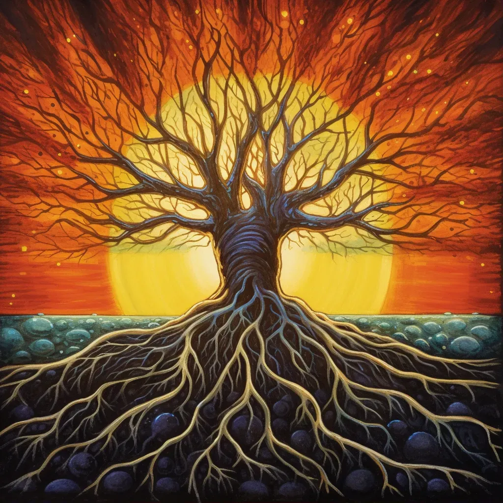 Image showing vibrant tree of life with roots in earth and branches reaching towards sun - Image 1