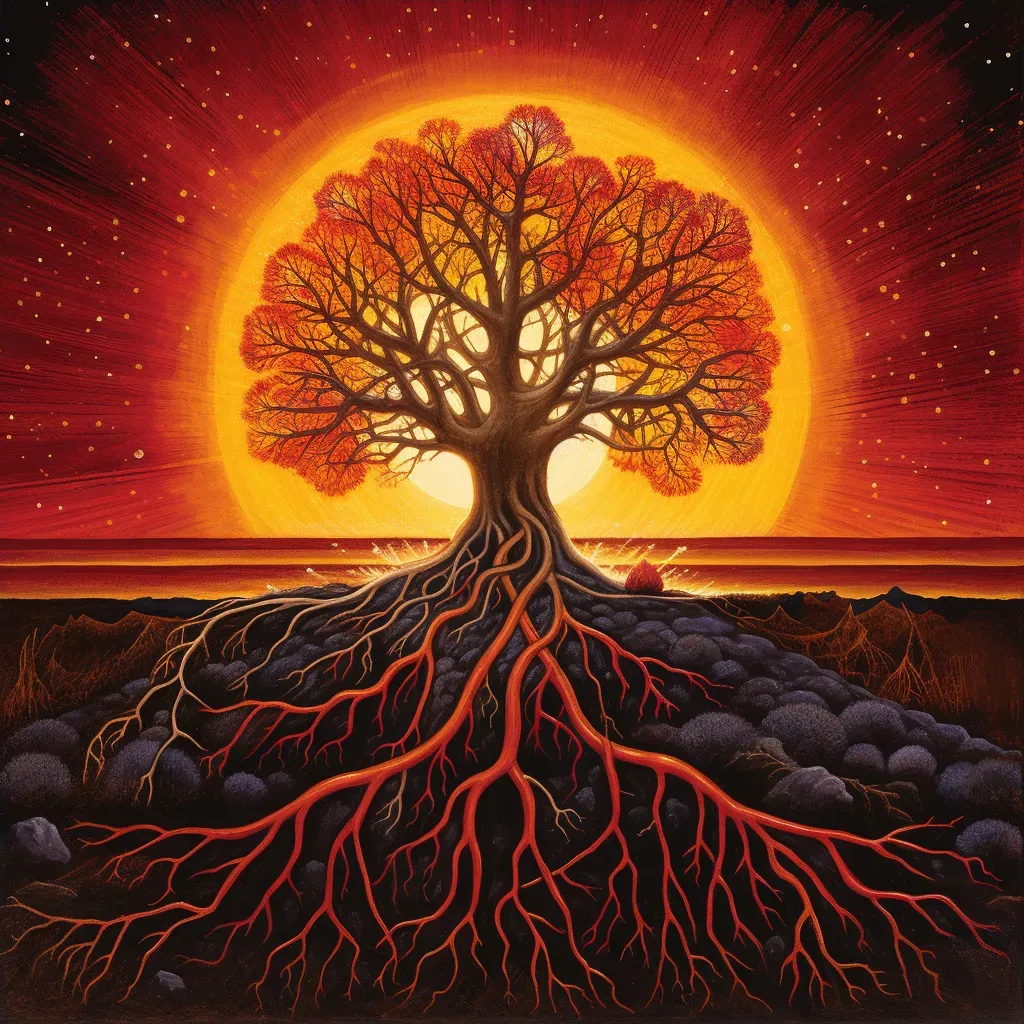 Image showing vibrant tree of life with roots in earth and branches reaching towards sun - Image 4