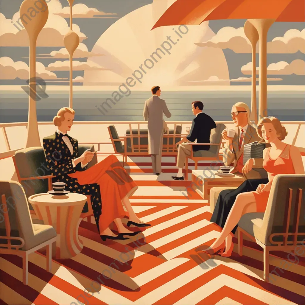 Image of a luxurious 1930s ocean liner deck with elegant passengers and art deco details - Image 1
