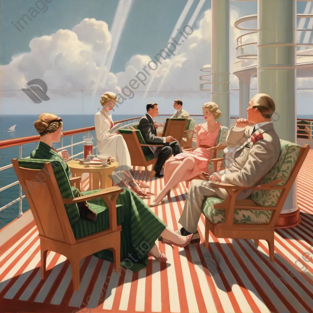 Image of a luxurious 1930s ocean liner deck with elegant passengers and art deco details - Image 2