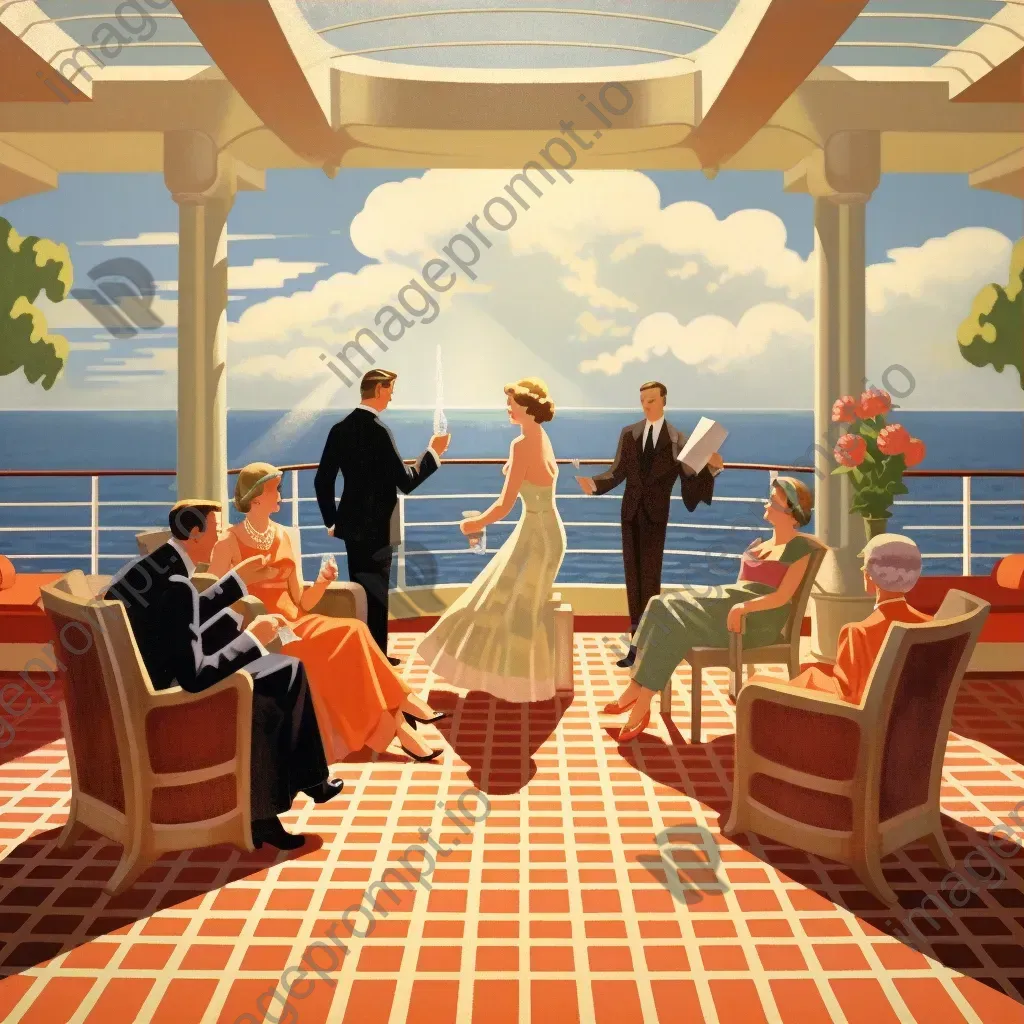 Image of a luxurious 1930s ocean liner deck with elegant passengers and art deco details - Image 3