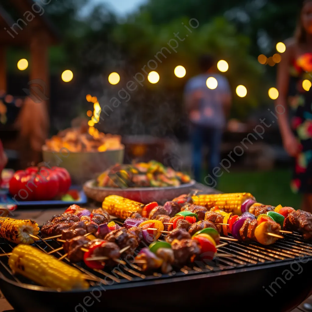 Group of friends enjoying an outdoor BBQ with a grill filled with steaks and vegetables - Image 1