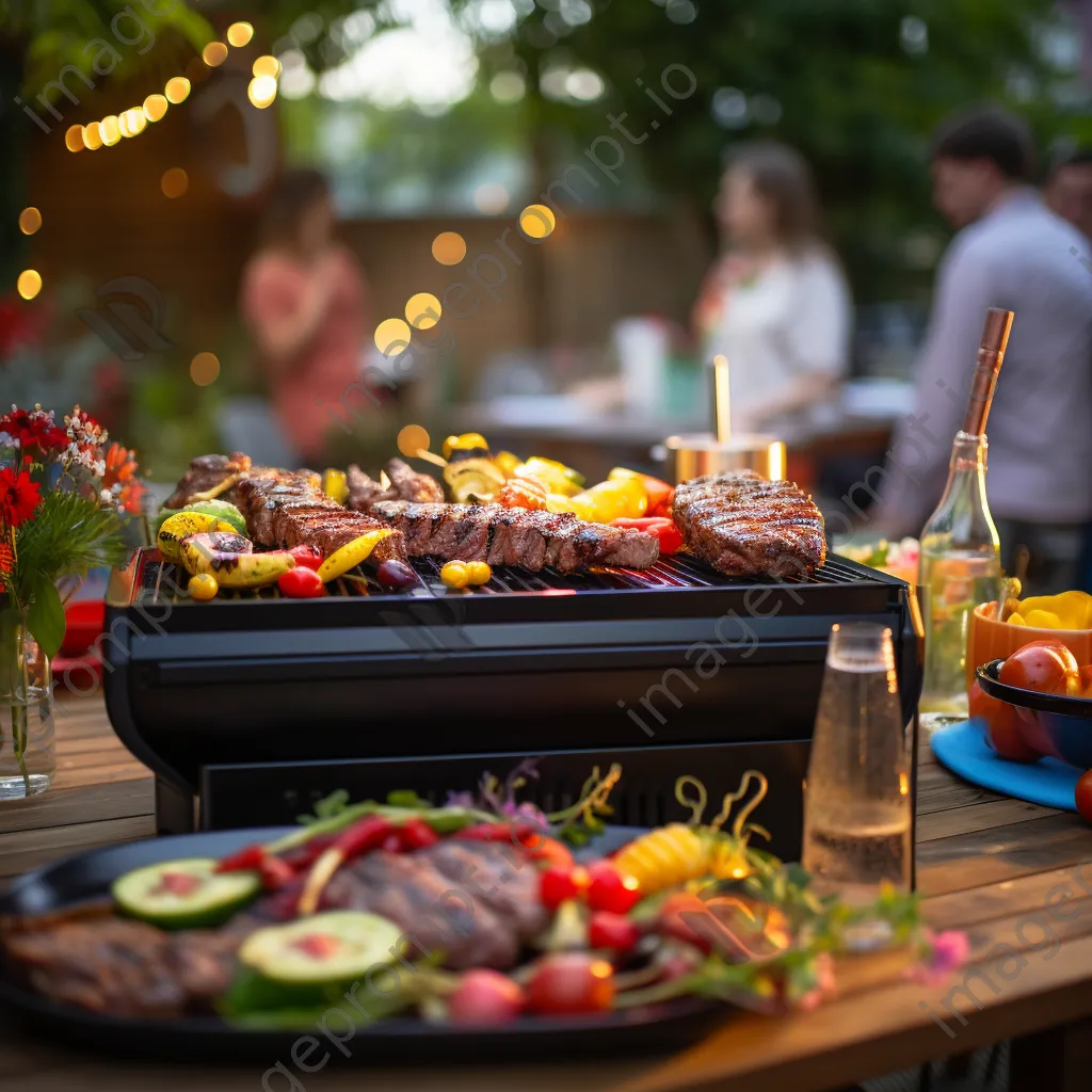 Group of friends enjoying an outdoor BBQ with a grill filled with steaks and vegetables - Image 2