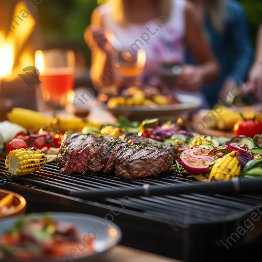 Group of friends enjoying an outdoor BBQ with a grill filled with steaks and vegetables - Image 3