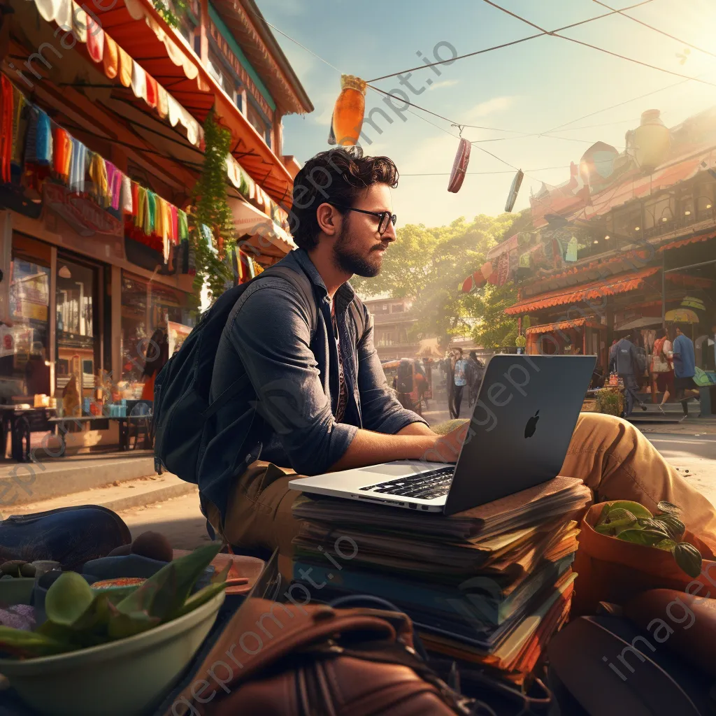 Freelancer using laptop at a busy market - Image 1