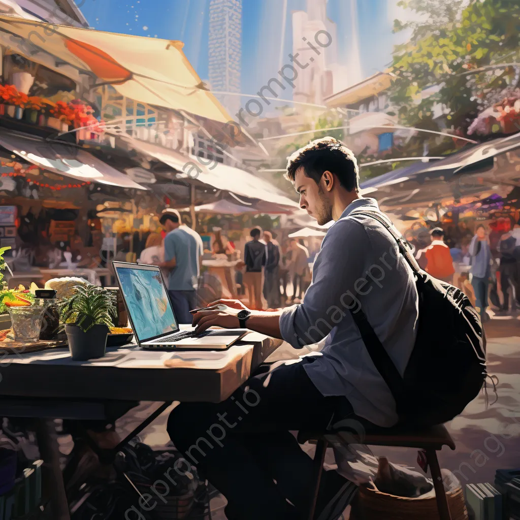 Freelancer using laptop at a busy market - Image 2