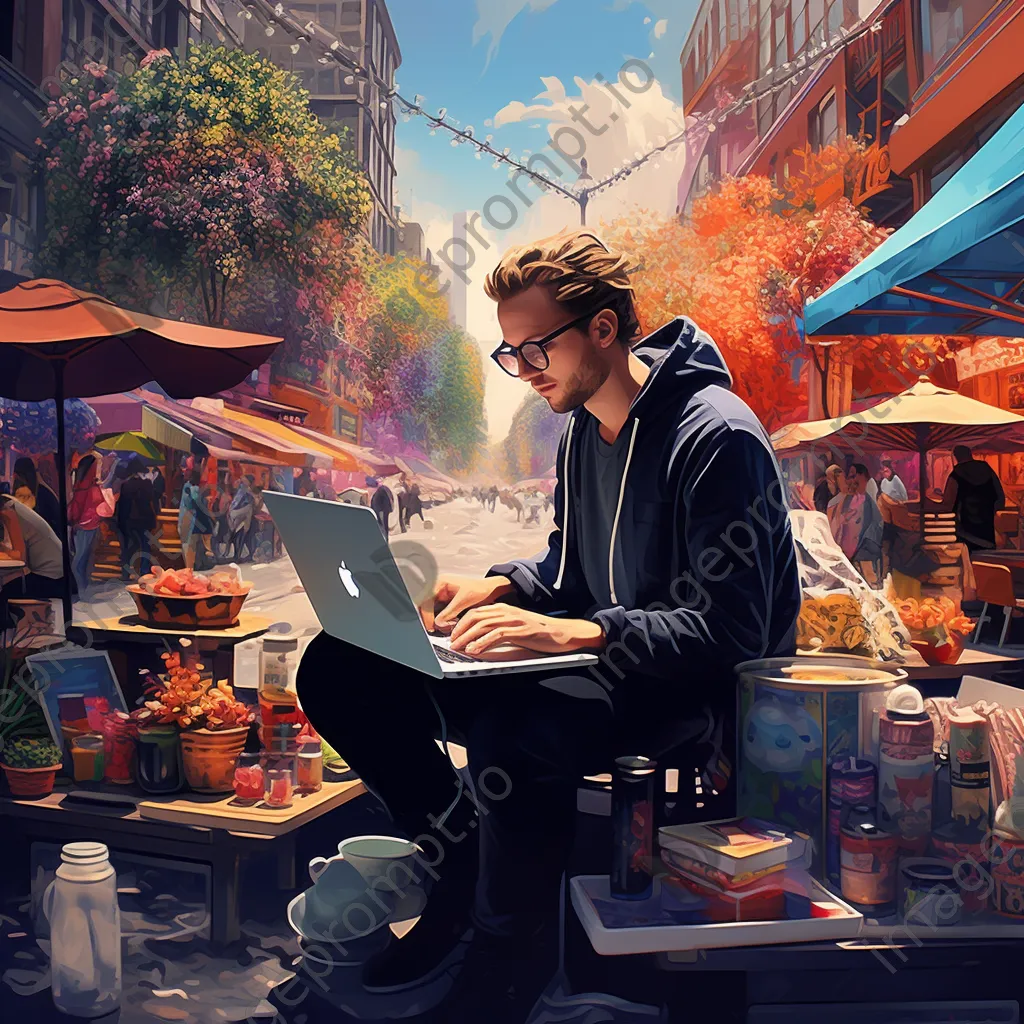 Freelancer using laptop at a busy market - Image 3