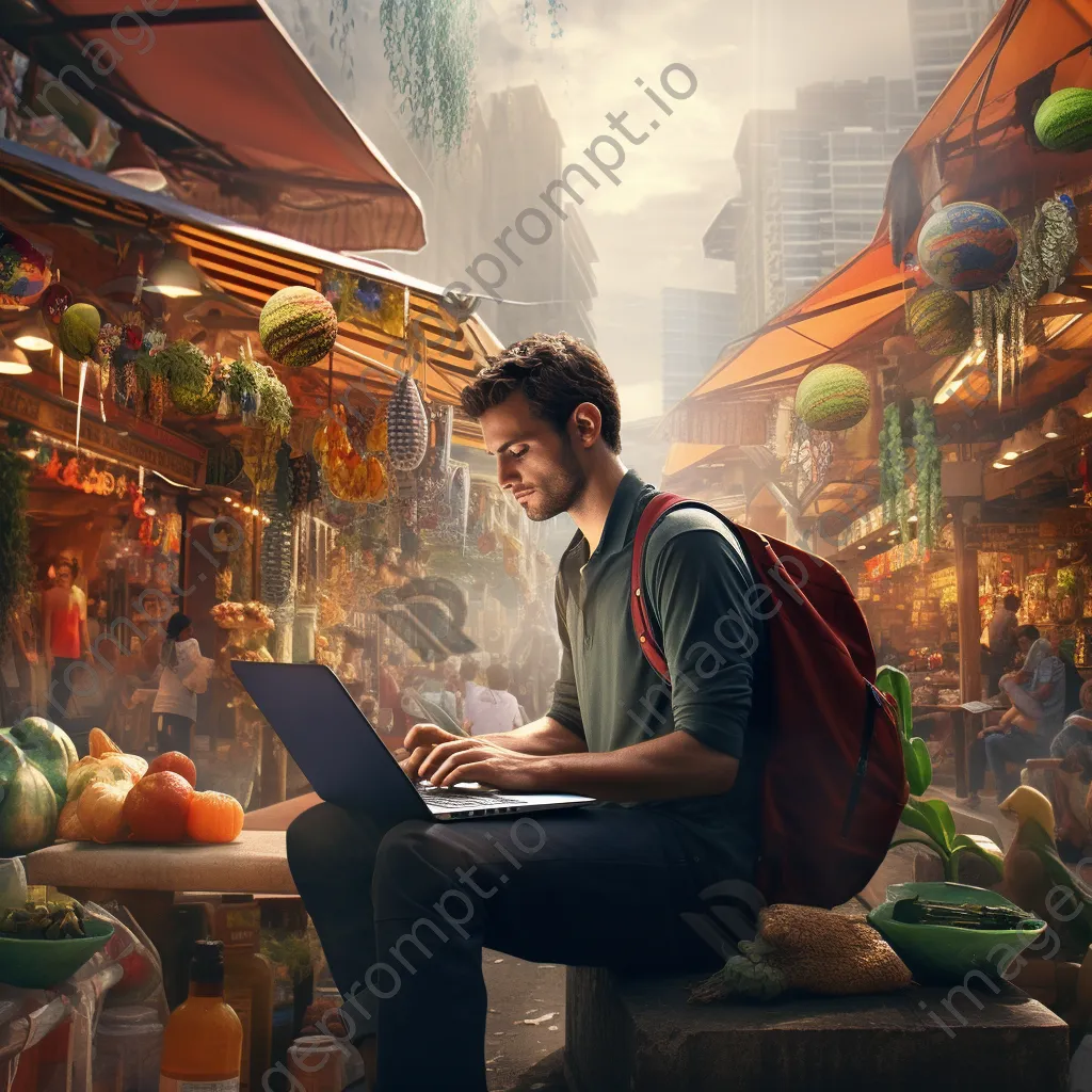 Freelancer using laptop at a busy market - Image 4