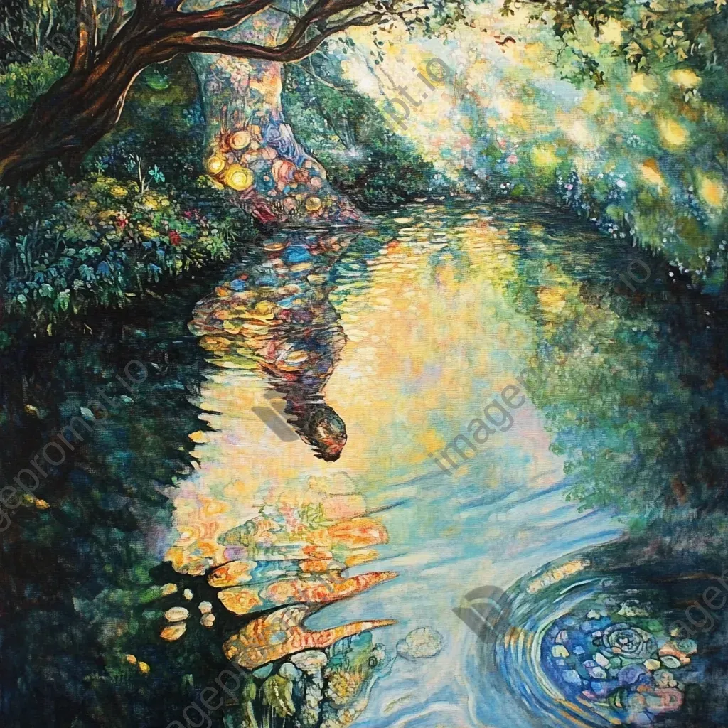 Artwork of a fantastical creature reflected in a shimmering pond amidst a vibrant, sunlit forest - Image 1