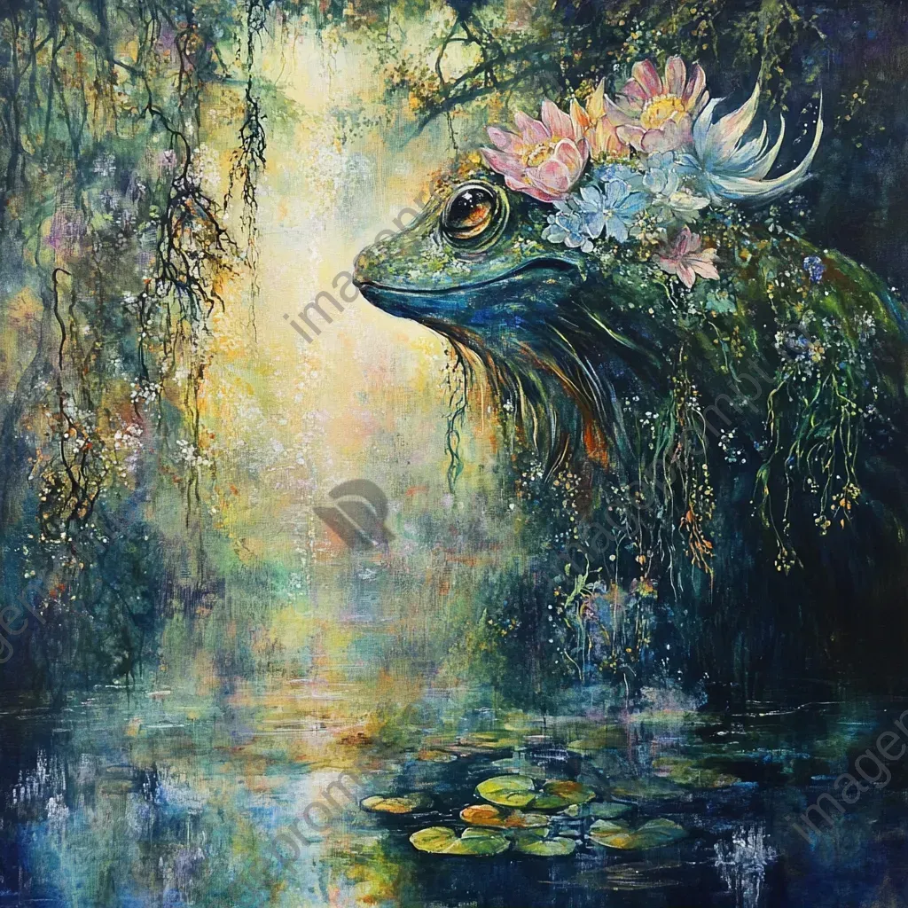 Artwork of a fantastical creature reflected in a shimmering pond amidst a vibrant, sunlit forest - Image 2