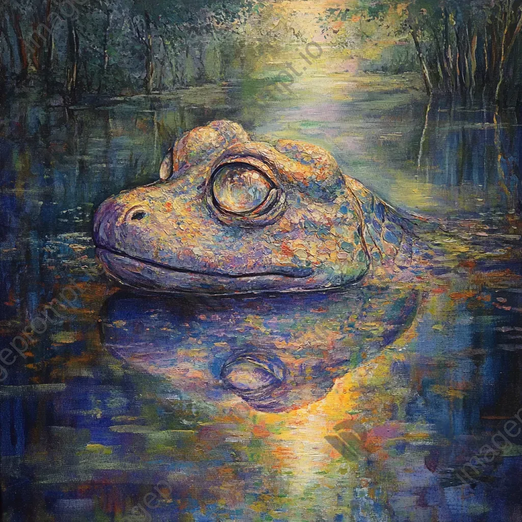 Artwork of a fantastical creature reflected in a shimmering pond amidst a vibrant, sunlit forest - Image 3