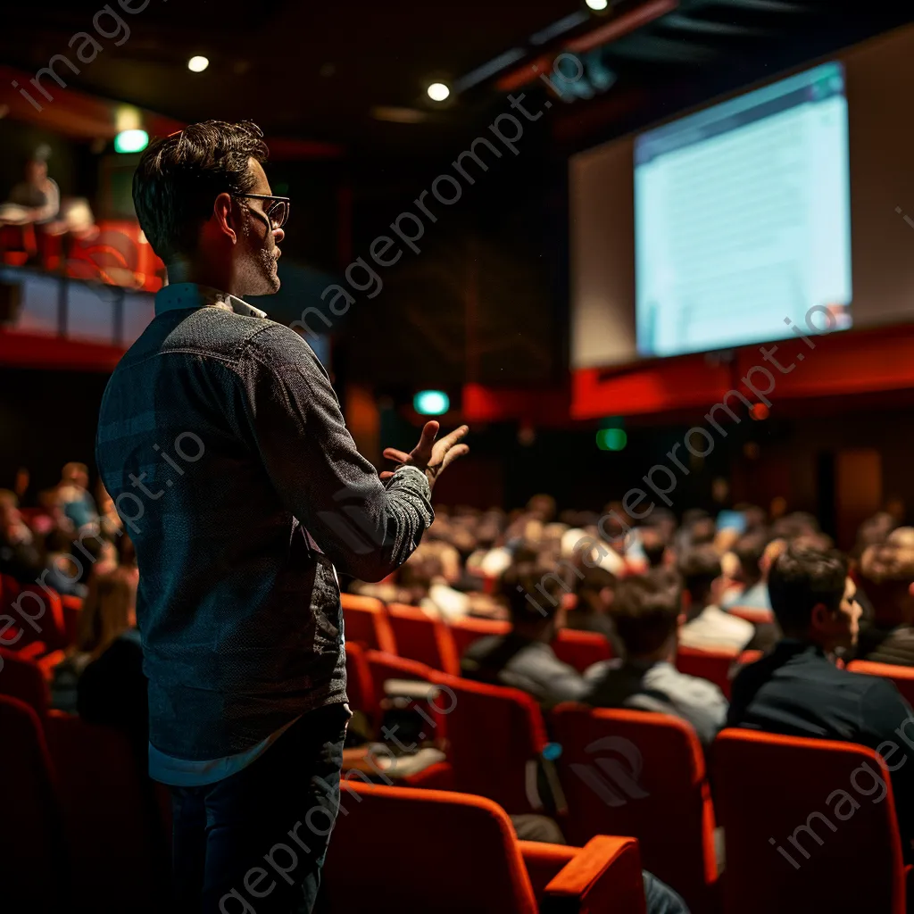 Startup founder presenting at a tech conference with an audience in attendance. - Image 1