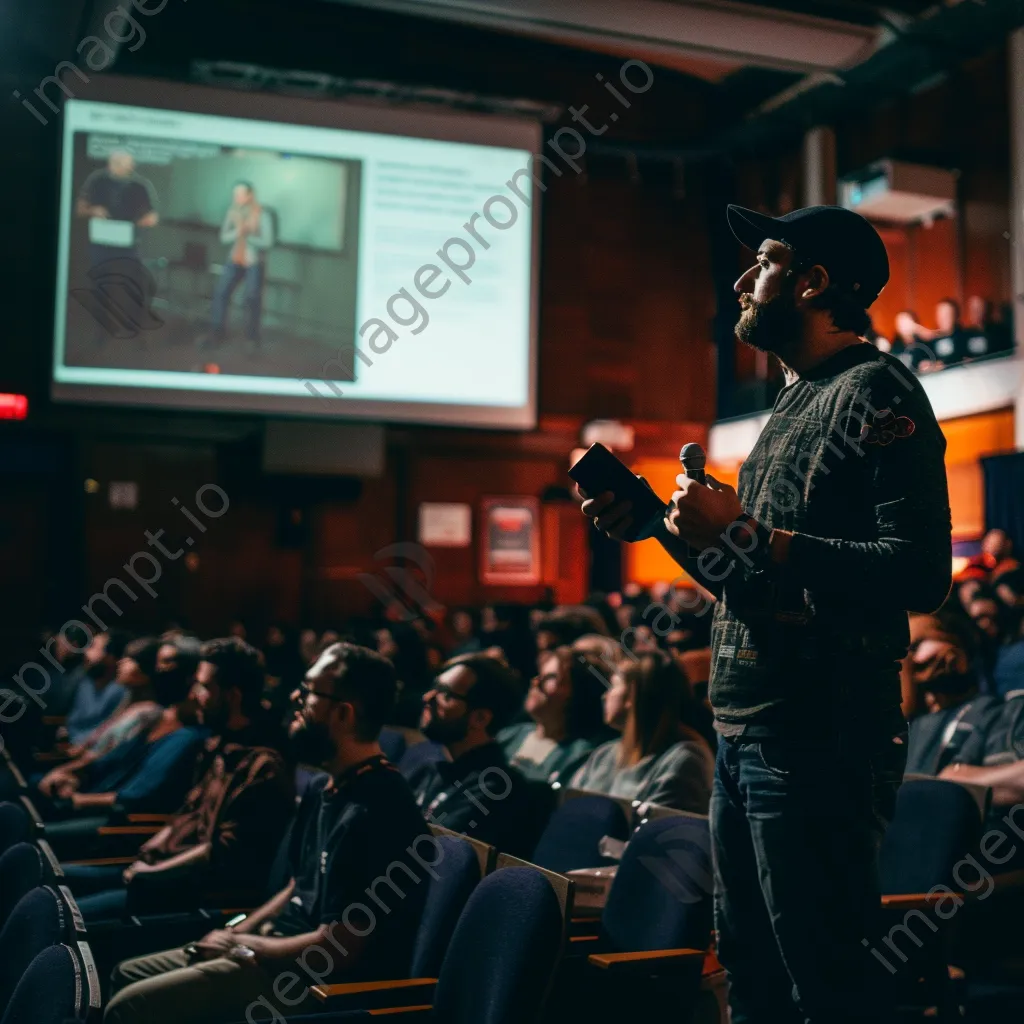 Startup founder presenting at a tech conference with an audience in attendance. - Image 2