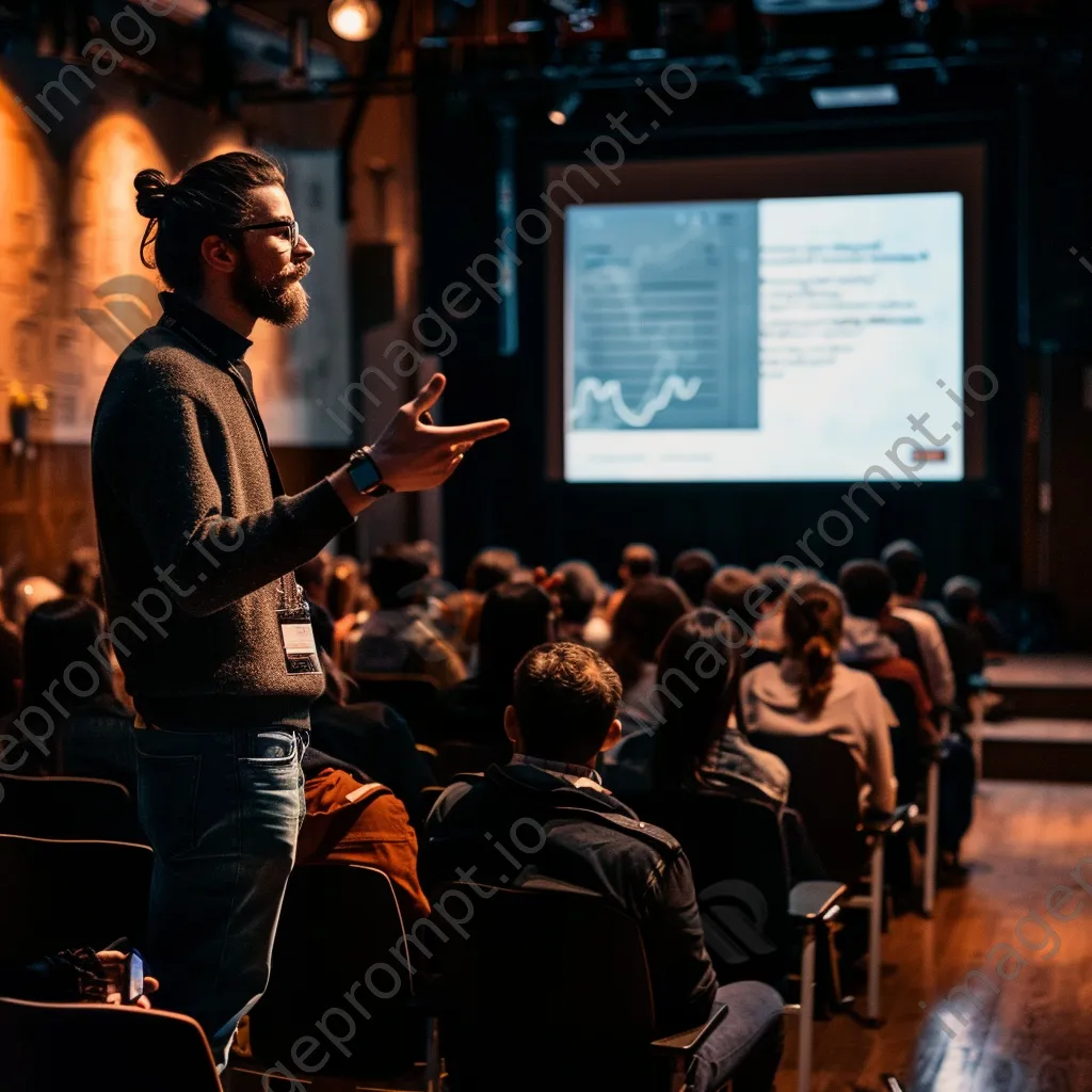 Startup founder presenting at a tech conference with an audience in attendance. - Image 3