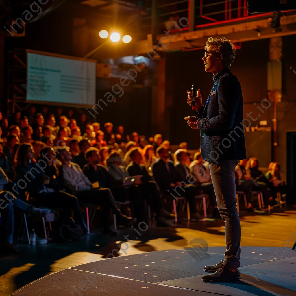 Startup founder presenting at a tech conference with an audience in attendance. - Image 4