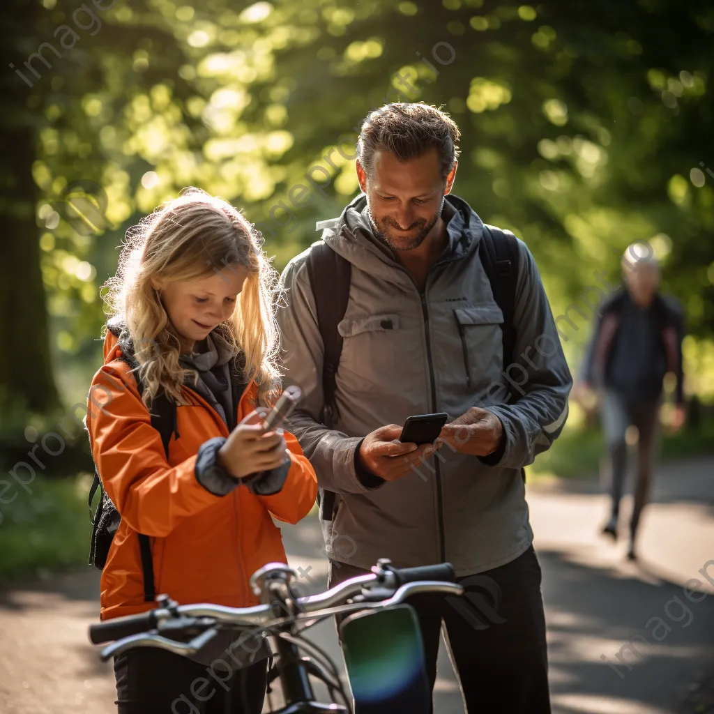 Family cycling in a park with one member checking fitness app on smartphone - Image 1