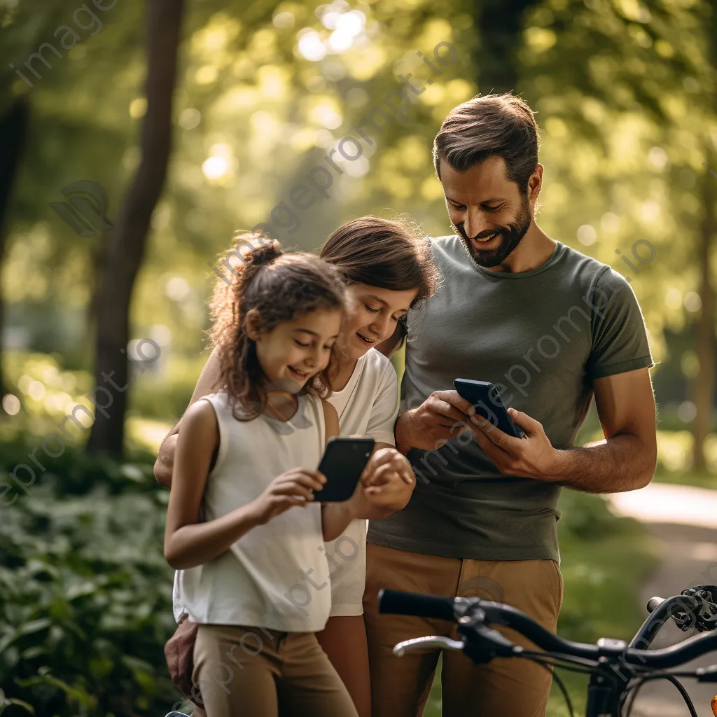 Family cycling in a park with one member checking fitness app on smartphone - Image 2