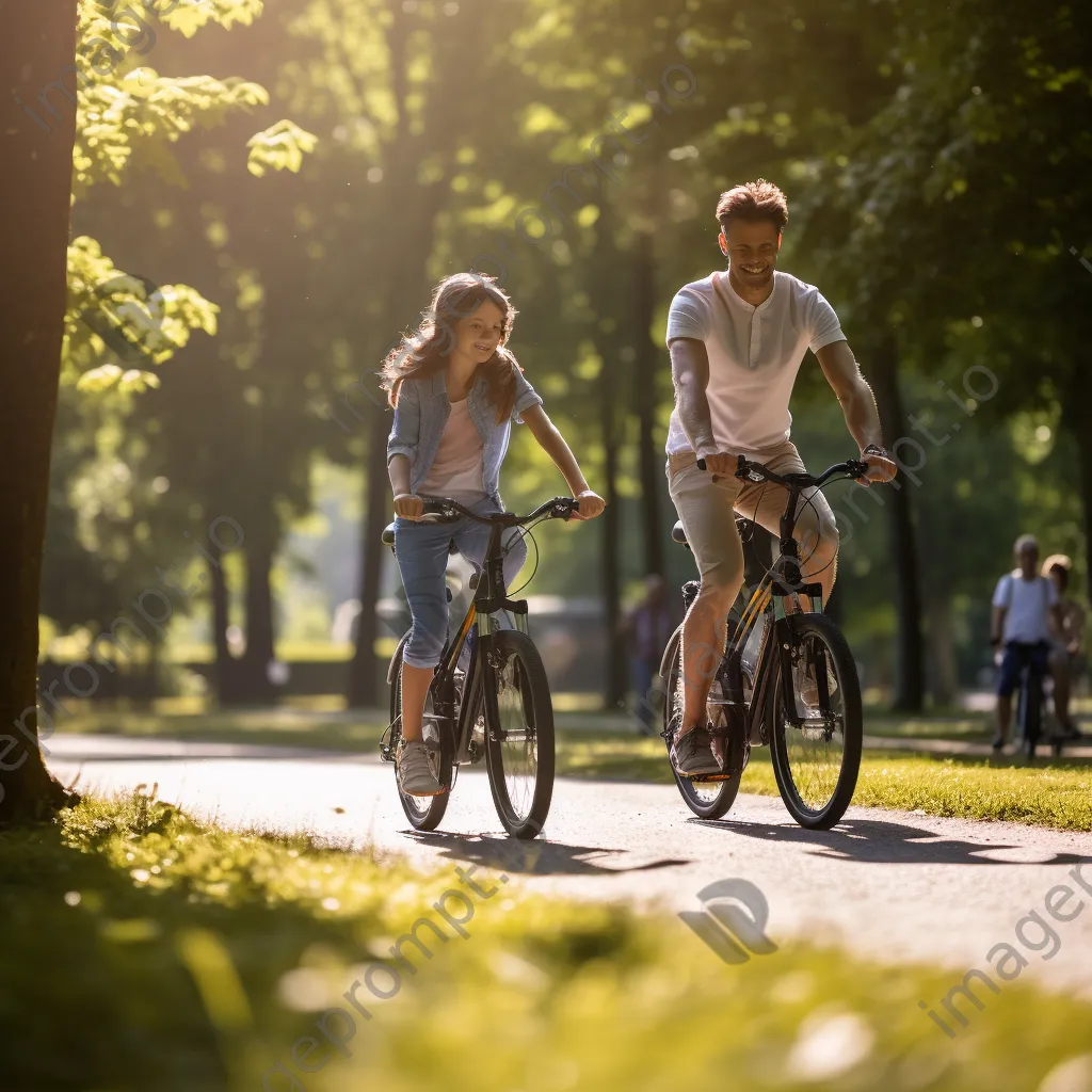 Family cycling in a park with one member checking fitness app on smartphone - Image 3