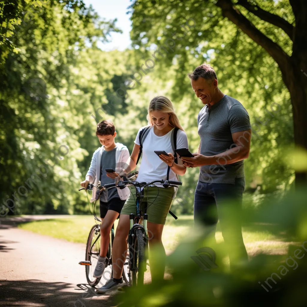 Family cycling in a park with one member checking fitness app on smartphone - Image 4