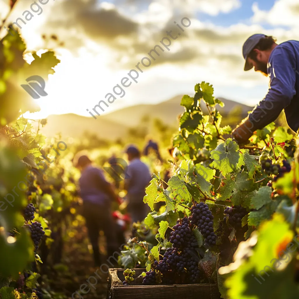 Workers harvesting grapes in vineyard under sunshine - Image 2